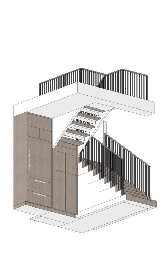 Hancock stair rendering closet Blog; Renovated kitchen on Hancock Street, designed by ArnoldAnd to balance historic brownstone charm with modern functionality. Custom millwork and built-in storage solutions at 47 Hancock Street by ArnoldAnd. Reconfigured floor plan enhancing flow and functionality in this Boston brownstone renovation by ArnoldAnd.