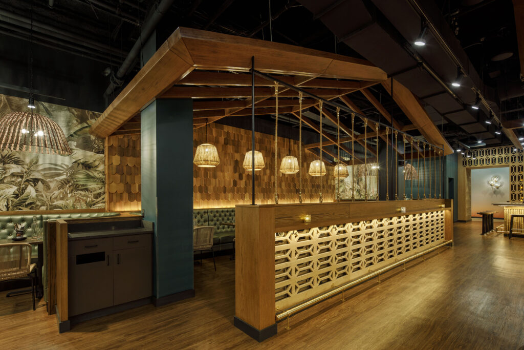 Shore Leave, a Boston hospitality project designed by Matthew Arnold, featuring tropical-inspired interiors. Shore Leave bar and restaurant shingles and seating