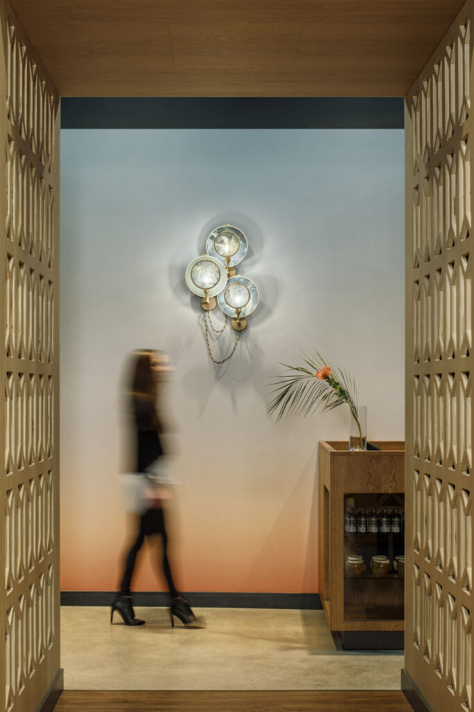 Shore Leave, a Boston hospitality project designed by Matthew Arnold, featuring tropical-inspired interiors. bar hallway and reception